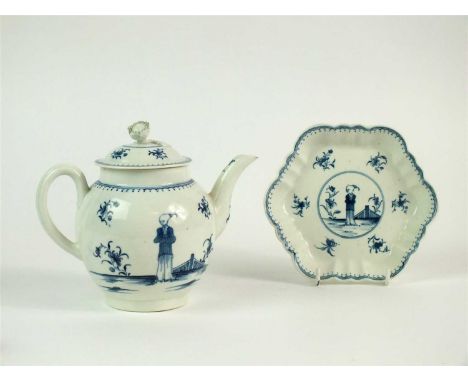 A Worcester 'Waiting Chinaman' teapot, cover and stand circa 1765-70, painted in blue with the standing figure and a fence be