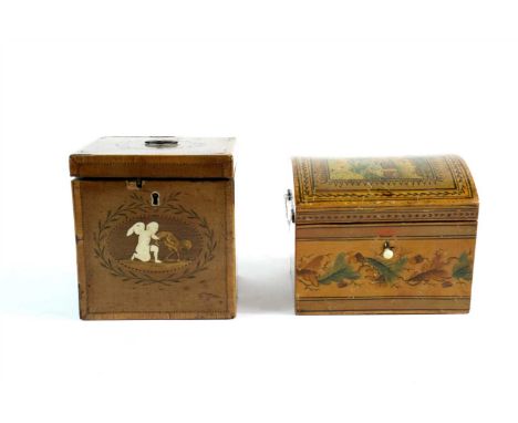 A 19th century continental pen work decorated box / tea caddy, of tapering squared form with a domed hinged cover, the lockin