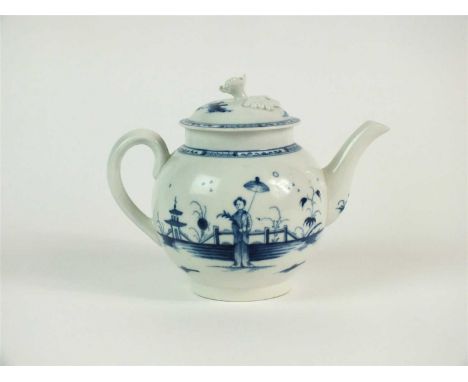 A rare Caughley teapot and cover in the 'Girl with Parasol' pattern circa 1778-85, painted in underglaze blue below a flower 