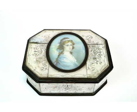 British school 19th century portrait miniature of a young lady inset into an ivory and tortoiseshell box, the box 5.5cm high 