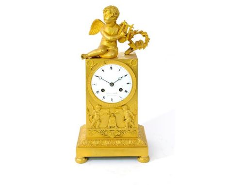 A French Empire ormolu mantel clock by Deniere and Matelin, early 19th century, the 4 inch white enamel dial with Roman numer