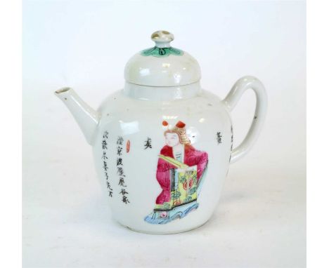 A Qing period Chinese export porcelain teapot and cover, hand painted with polychrome figures and versus of script detailing 