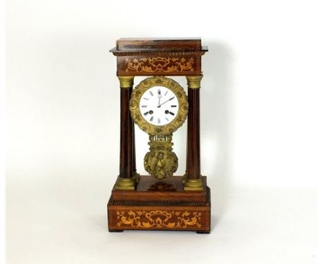 A French rosewood and inlaid portico clock late 19 th century, the 3.5 inch white enamel dial with Roman numerals between fau