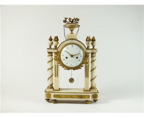 A French Louis XVI white marble and ormolu portico clock, late 18th century, by Charles Bertrand, the 5 inch white enamel dia