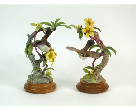 A pair of Royal Worcester models of Bewick Wrens on Yellow Jasmine, male and female, modelled by Dorothy Doughty as part of t