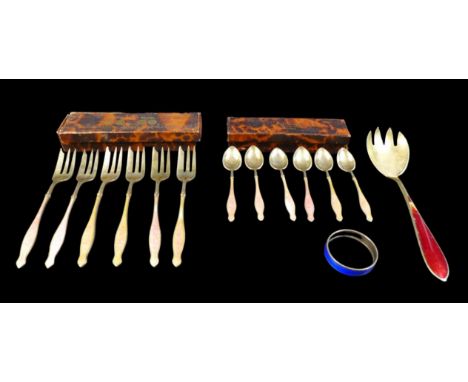 A group of 20th century silver and enamel flatware, comprising a set of six cake forks, a set of six teaspoons by Gustav Hell