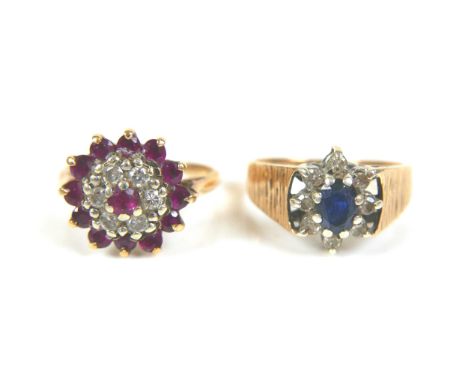 Two 9ct gold dress rings, comprising a sapphire and diamond daisy ring, size O/P, 3.2g, a ruby and diamond cluster ring, sie 