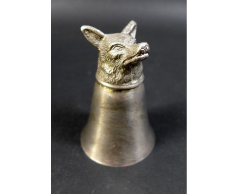 Hunting interest: a silver plated stirrup cup, modelled as a fox's head, unmarked, 8cm high.
