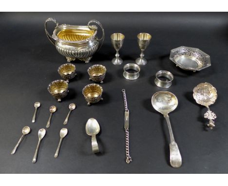 A collection of silver items, including a Victorian twin handled sugar bowl with gilt interior, 12.5cm high, an octagonal pie