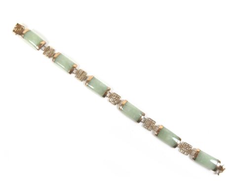 A 9ct gold and jade bracelet, formed of six rectangular panels of jade, attached with Chinese symbol links, stamped '9K' and 