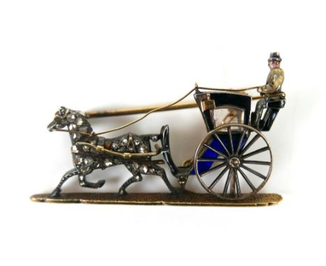 A 19th century diamond and enamel novelty brooch of a horse drawn Hansom cab, the cab with freely turning wheel above a knife