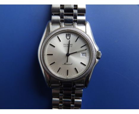 A boxed gent's stainless steel Tudor Quartz Monarch bracelet wrist watch, with date indicator, centre seconds, dial diameter 