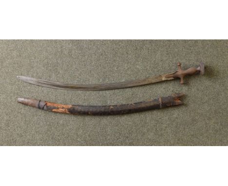 An old Indian tulwar with 29" blade, in leather covered wooden scabbard.