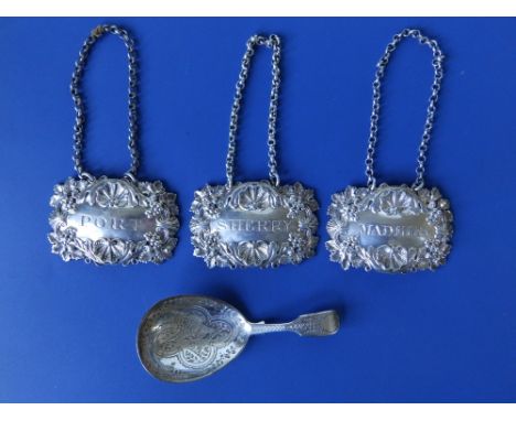 A  set of three Regency silver wine labels by Rebecca Emes and Edward Barnard, incomplete London marks for 1813 &amp; 1817. 2