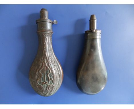A Sykes patent copper powder flask and another by Hawksley. (2)