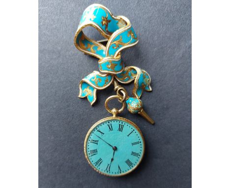 A Victorian ladies 18ct gold fob watch, having turquoise coloured enamel decoration, the back inset with rose cut diamonds in