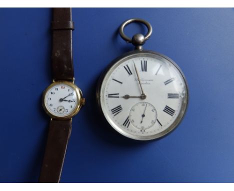 A ladies 18ct gold wrist watch, case diameter 23mm and  a silver Benson open faced pocket watch. (2)