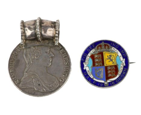 Coins: [1916 Interest] a silver half Crown, with enamel front, the reverse inscribed 'D.E.G. 25/4/1916,' with pin clasp; toge