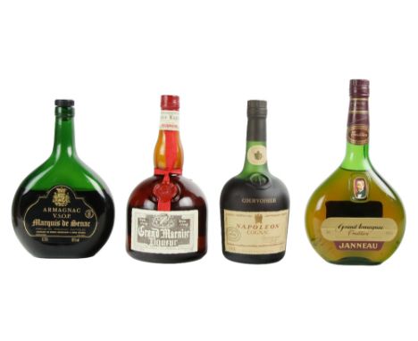 Cognacs: A 70cl Janneau, Grand a Cognac, boxed; a bottle of 70cl Courvoisier Napoleon Brandy; a 70cl bottle of Marquis de Sen