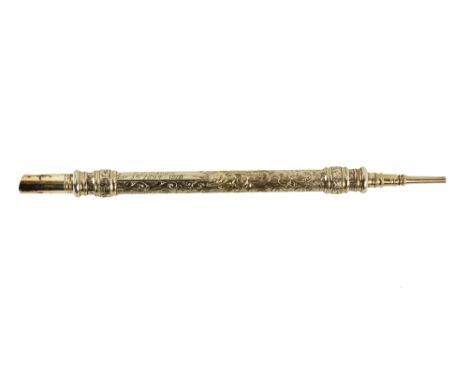An attractive etched design 9ct gold double ended Pen &amp; Pencil, propelling writing tool, engraved 'E.D. Brown (1894-1919)