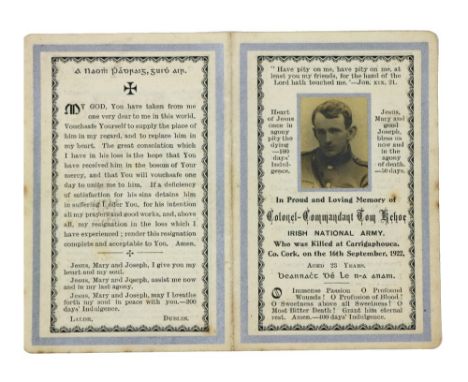Memorial Card:&nbsp;'Colonel Commandant Tom Kehoe Irish National Army, killed at Carrigaphooca, Co. Cork, 16th Sept. 1922 (ag