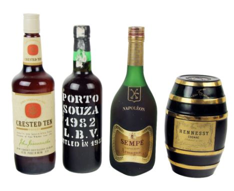 A bottle of Porto Souza 1982, L.B.V., bottled in 1988, sealed; a cased bottle of Napoleon Armagnac 70cl, cased; an unusual ca
