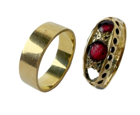An 18ct gold Ladies Band Ring, approx. 3.9gms, size K, hallmarked; together with another 18ct gold Ladies Ring, set with two 