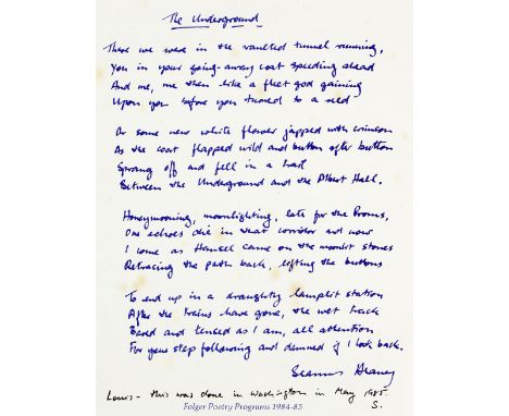 Original Seamus Heaney Manuscript Poem  Heaney (Seamus)&nbsp;The Underground, single manuscript page, written on 'Folger Poet