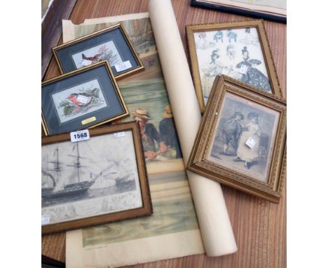 Three antique gilt framed small prints comprising fashion, humour and maritime - sold with two small Jacquard loom bird pictu