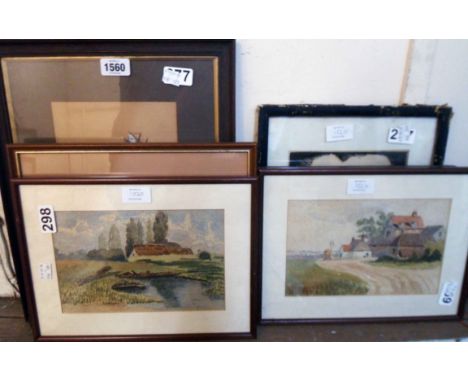 Five framed small original watercolours including a galleon, horses by a gate and three landscapes, including S. Bramble - so