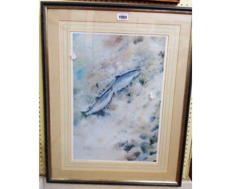 Robin Armstrong: a signed limited edition coloured print, entitled Going Together, Sea Trout and Grilse - 212/500