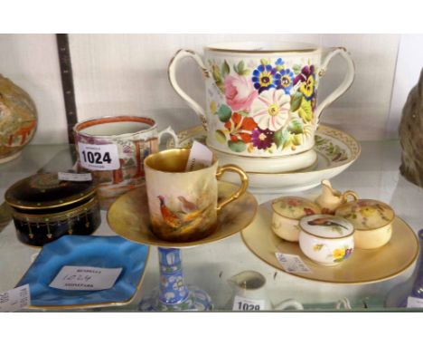 A small selection of china miniatures and other items including Royal Worcester, 1884 Staffordshire Christening loving cup, e