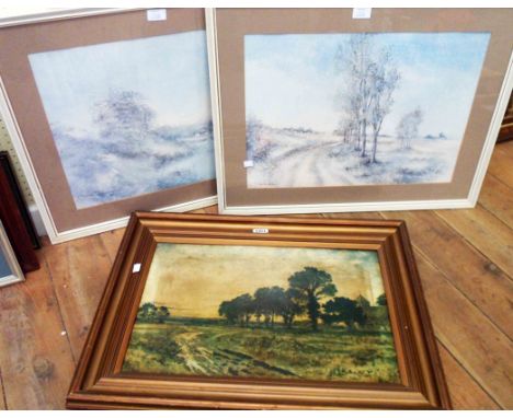 A pair of framed vintage coloured landscape prints - sold with a gilt framed oleograph similar