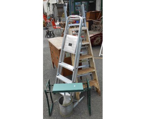 Three assorted small step ladders - sold with a garden kneeler and a galvanised watering can