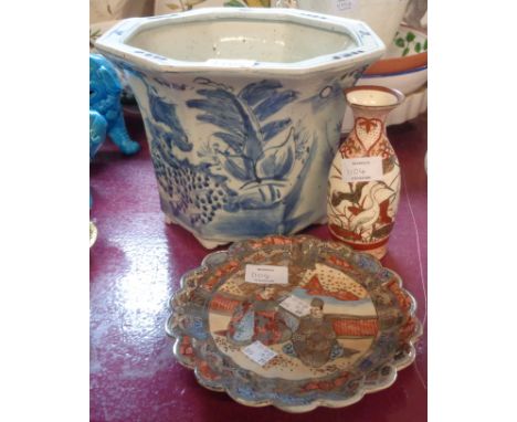A large Chinese octagonal jardiniere - sold with a late Satsuma silver lustre decorated and lobed plate, and a Japanese potte