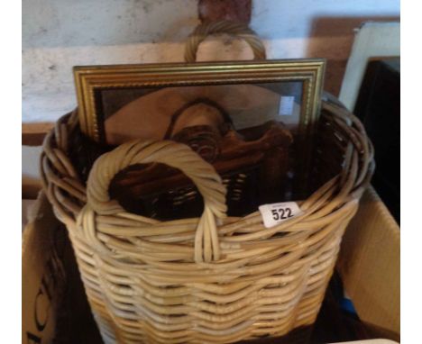 A log basket containing, mirrored wall bracket, etc.