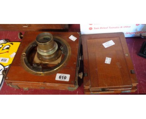 A Victorian wooden and brass plate camera by J. Lancaster &amp; Sons Birmingham - a/f