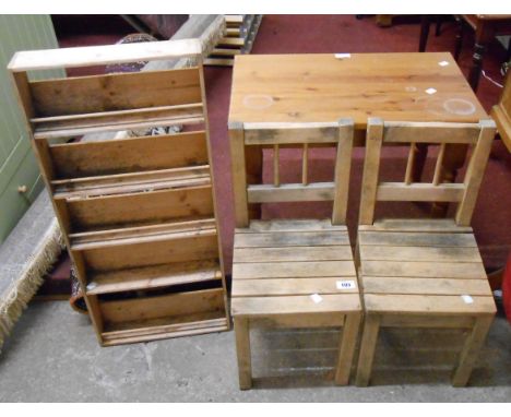 A pair of modern blonde wood child's chairs with slatted seats - sold with small pine five shelf open spice rack and a modern