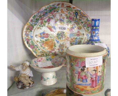 A 19th Century Chinese Canton oval lobed dish in the famille rose palette - sold with a Cantonese jar (no lid), and three oth