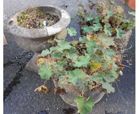 A concrete garden pedestal planter - sold with a pair of concrete garden pots - various condition