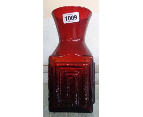 A vintage Dartington glass Greek Key vase in ruby colourway designed by Frank Thrower