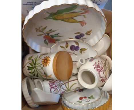 A box containing assorted Royal Worcester Evesham and Portmeirion Botanic Garden items
