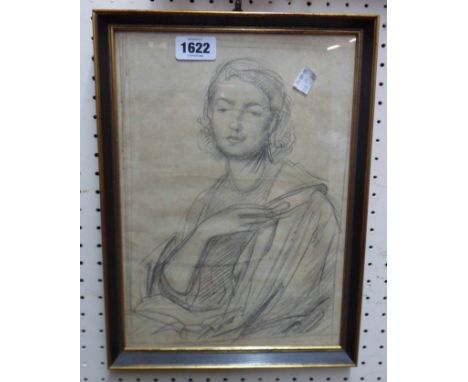 A gilt framed antique old master style pencil portrait of a seated lady - Medici Society label verso