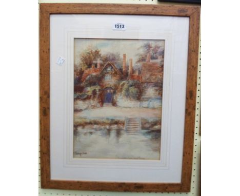 A framed watercolour view of Worcester Cathedral ferry crossing point - indistinctly signed