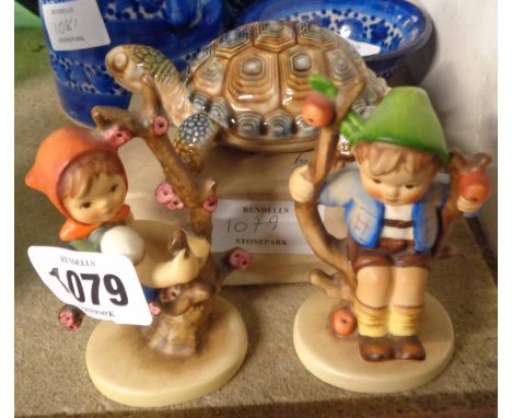 A pair of Hummel figures of a boy and a girl - sold with a boxed Wade tortoise