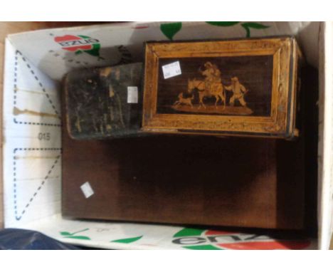 A Sorento ware tea caddy, small leather case and writing slope - various condition