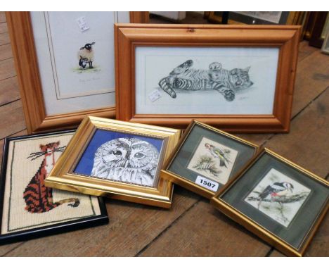 Two small framed modern Jacquard Loom bird pictures and a woolwork cat picture - sold with a pencil signed Mark Denman print 