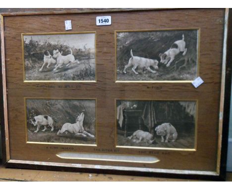 A framed sepia four image print with titled terrier dogs as a humerous hunting scene