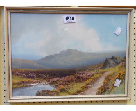 R. D. Sherrin: a framed gouache, depicting a moorland view with pool and track in foreground with tor beyond - signed - 26cm 