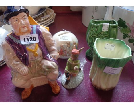 A Melba Ware Henry VIII character jug - sold with a Bunnikins Romeo figurine and money box, SylvaC spring onion jar and Irish